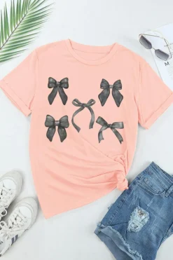 Best Dear-Lover Bow Knots Print Slim Fit Crew Neck T Shirt Pink