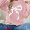 Online Dear-Lover Bow Pattern Contrast Trim Christmas Loose Graphic Sweater Pink