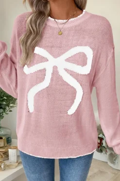 Online Dear-Lover Bow Pattern Contrast Trim Christmas Loose Graphic Sweater Pink