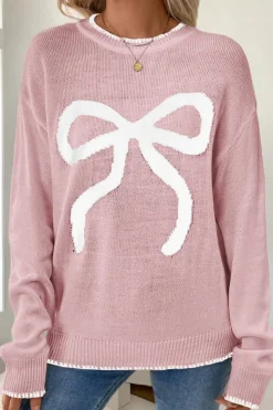 Online Dear-Lover Bow Pattern Contrast Trim Christmas Loose Graphic Sweater Pink