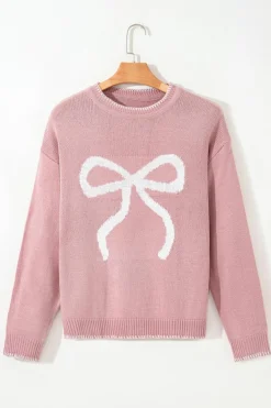 Online Dear-Lover Bow Pattern Contrast Trim Christmas Loose Graphic Sweater Pink