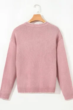 Online Dear-Lover Bow Pattern Contrast Trim Christmas Loose Graphic Sweater Pink