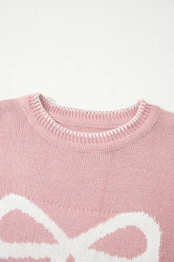 Online Dear-Lover Bow Pattern Contrast Trim Christmas Loose Graphic Sweater Pink