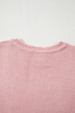 Online Dear-Lover Bow Pattern Contrast Trim Christmas Loose Graphic Sweater Pink