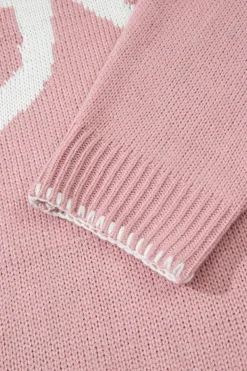 Online Dear-Lover Bow Pattern Contrast Trim Christmas Loose Graphic Sweater Pink