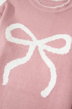 Online Dear-Lover Bow Pattern Contrast Trim Christmas Loose Graphic Sweater Pink