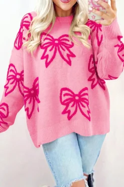 Best Dear-Lover Bow Pattern Drop Shoulder Loose Sweater Pink