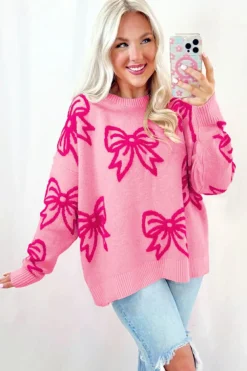 Best Dear-Lover Bow Pattern Drop Shoulder Loose Sweater Pink