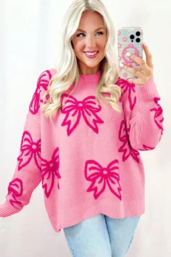 Best Dear-Lover Bow Pattern Drop Shoulder Loose Sweater Pink