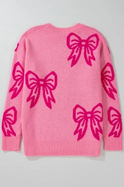 Best Dear-Lover Bow Pattern Drop Shoulder Loose Sweater Pink
