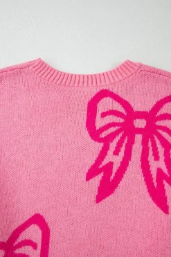 Best Dear-Lover Bow Pattern Drop Shoulder Loose Sweater Pink
