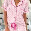 New Dear-Lover Bow Print Contrast Pipping Short Pajamas Set Pink