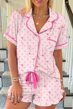 New Dear-Lover Bow Print Contrast Pipping Short Pajamas Set Pink