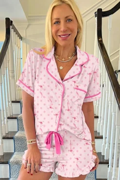 New Dear-Lover Bow Print Contrast Pipping Short Pajamas Set Pink