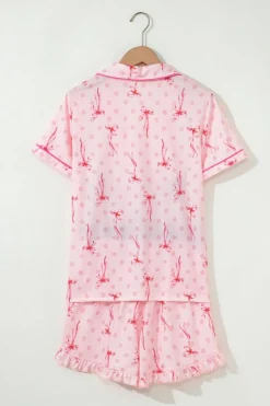 New Dear-Lover Bow Print Contrast Pipping Short Pajamas Set Pink