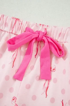 New Dear-Lover Bow Print Contrast Pipping Short Pajamas Set Pink