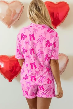Clearance Dear-Lover Bow Print Half Sleeve Shirt and Shorts Pajamas Set Pink