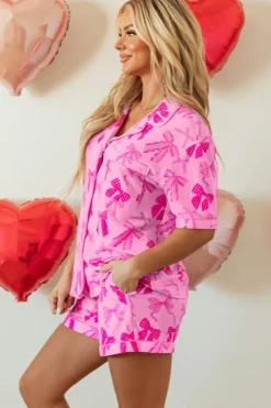 Clearance Dear-Lover Bow Print Half Sleeve Shirt and Shorts Pajamas Set Pink