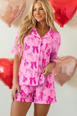 Clearance Dear-Lover Bow Print Half Sleeve Shirt and Shorts Pajamas Set Pink