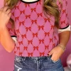 Sale Dear-Lover Bow Print Short Sleeve Sweater top Pink