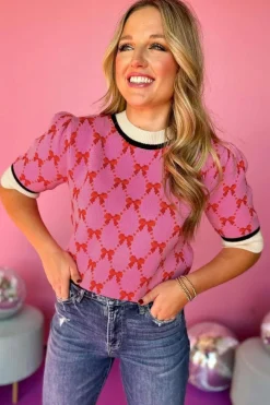 Sale Dear-Lover Bow Print Short Sleeve Sweater top Pink