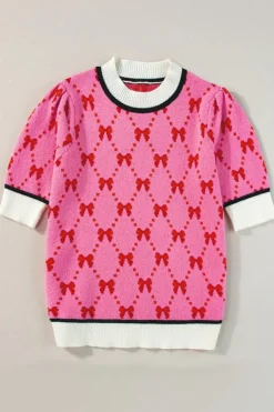 Sale Dear-Lover Bow Print Short Sleeve Sweater top Pink