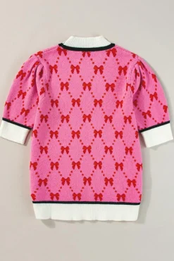 Sale Dear-Lover Bow Print Short Sleeve Sweater top Pink