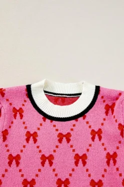 Sale Dear-Lover Bow Print Short Sleeve Sweater top Pink
