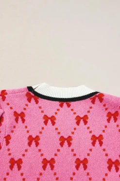 Sale Dear-Lover Bow Print Short Sleeve Sweater top Pink