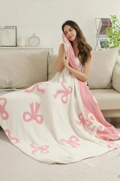 Outlet Dear-Lover Bow Printed Cozy Soft Throw Blanket Pink