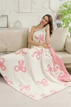 Outlet Dear-Lover Bow Printed Cozy Soft Throw Blanket Pink