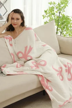 Outlet Dear-Lover Bow Printed Cozy Soft Throw Blanket Pink