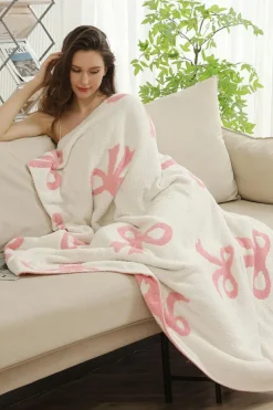 Outlet Dear-Lover Bow Printed Cozy Soft Throw Blanket Pink