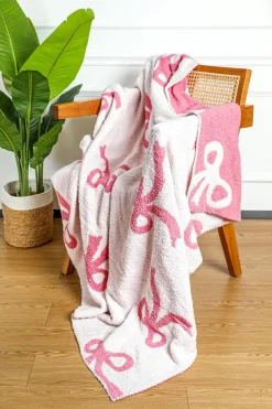 Outlet Dear-Lover Bow Printed Cozy Soft Throw Blanket Pink