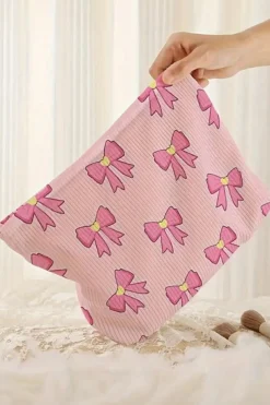 New Dear-Lover Bow Tie Print Corduroy Makeup Bag Pink