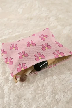New Dear-Lover Bow Tie Print Corduroy Makeup Bag Pink