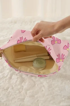 New Dear-Lover Bow Tie Print Corduroy Makeup Bag Pink