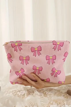 New Dear-Lover Bow Tie Print Corduroy Makeup Bag Pink