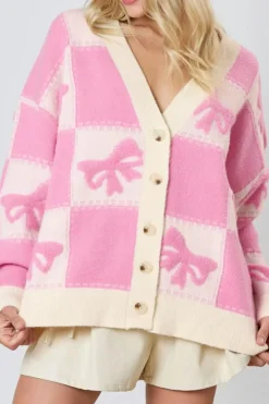Fashion Dear-Lover Bowknot Checkered Pattern V Neck Drop Shoulder Button Up Cardigan Pink