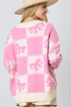 Fashion Dear-Lover Bowknot Checkered Pattern V Neck Drop Shoulder Button Up Cardigan Pink