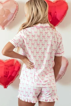 Sale Dear-Lover Bowknot Printed Short Sleeve and Ruffled Shorts Pajama Set Pink