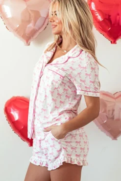 Sale Dear-Lover Bowknot Printed Short Sleeve and Ruffled Shorts Pajama Set Pink