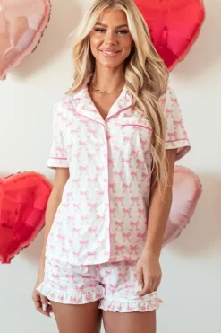 Sale Dear-Lover Bowknot Printed Short Sleeve and Ruffled Shorts Pajama Set Pink