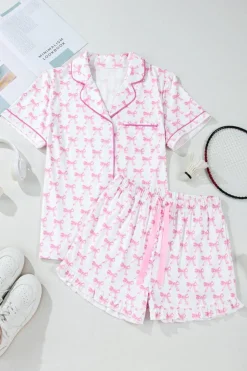 Sale Dear-Lover Bowknot Printed Short Sleeve and Ruffled Shorts Pajama Set Pink
