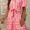 Discount Dear-Lover Bowknot Striped Printed Bubble Sleeve Buttoned Belted Mini Dress Pink