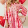 Hot Dear-Lover Bowknot Striped Printed Tiered Ruffled Mini Shirt Dress Pink