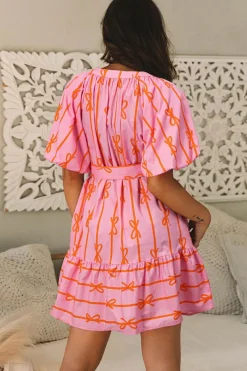 Discount Dear-Lover Bowknot Striped Printed Bubble Sleeve Buttoned Belted Mini Dress Pink