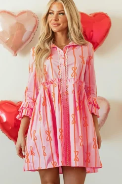 Hot Dear-Lover Bowknot Striped Printed Tiered Ruffled Mini Shirt Dress Pink