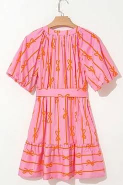 Discount Dear-Lover Bowknot Striped Printed Bubble Sleeve Buttoned Belted Mini Dress Pink
