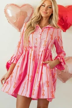 Hot Dear-Lover Bowknot Striped Printed Tiered Ruffled Mini Shirt Dress Pink